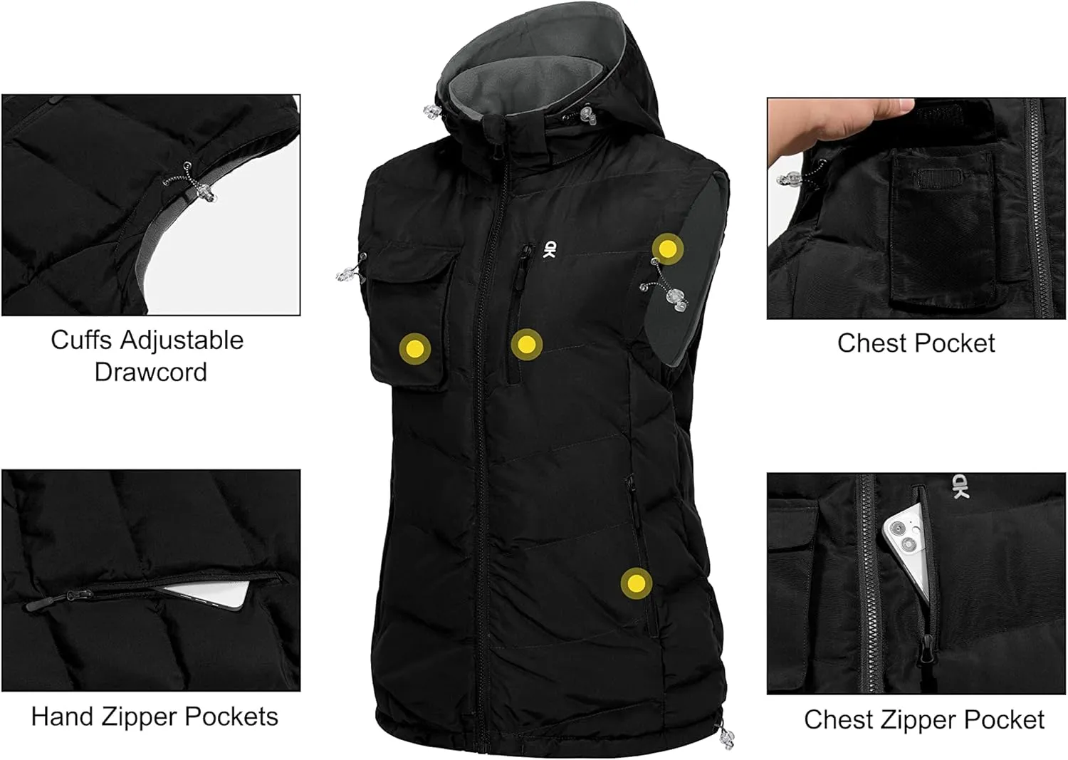 Little Donkey Andy Women's Fleece Puffy Vest Warm Sleeveless Puffer Jacket with Removable Hood for Golfing Hiking