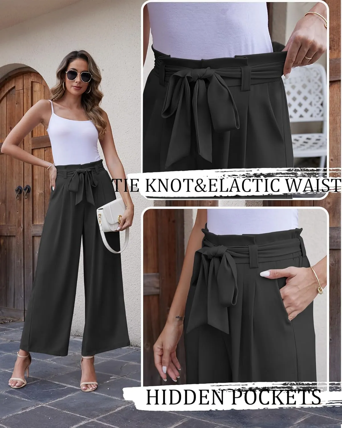 LOUSGUTA Paperbag Pants for Women Black Bow Front Wide Leg Pants High Waisted Tie Knot Trousers with Pockets