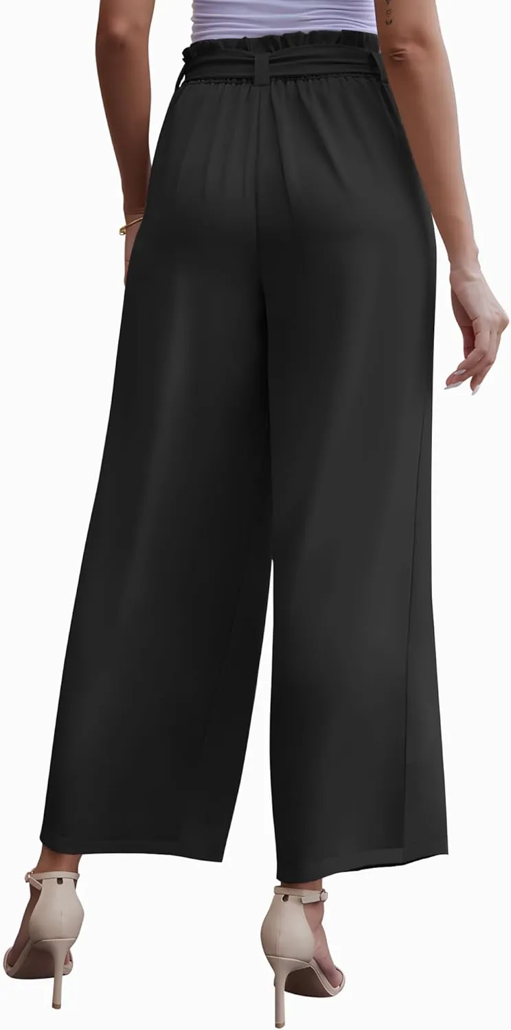 LOUSGUTA Paperbag Pants for Women Black Bow Front Wide Leg Pants High Waisted Tie Knot Trousers with Pockets