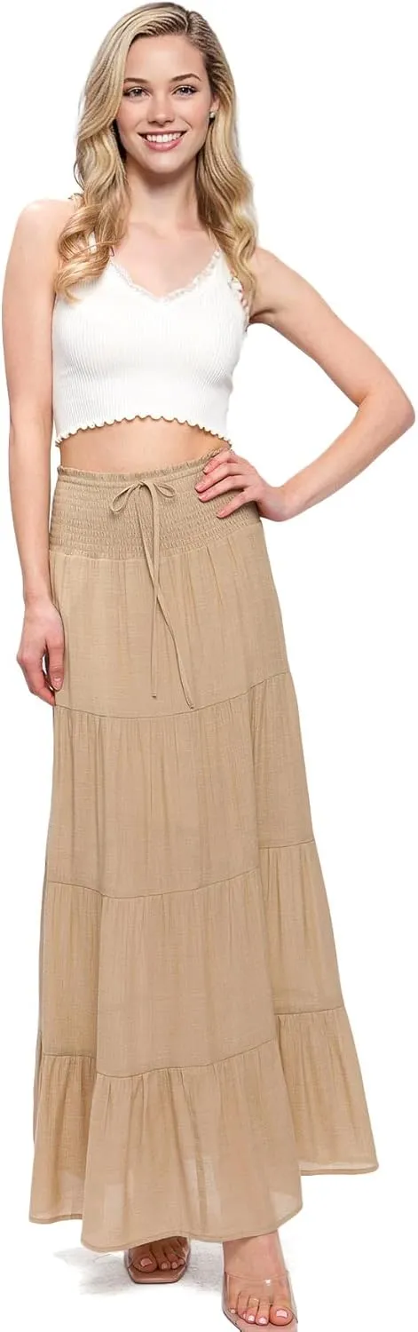 Love Tree Women's Juniors Classic Shirred Boho Midi Skirt