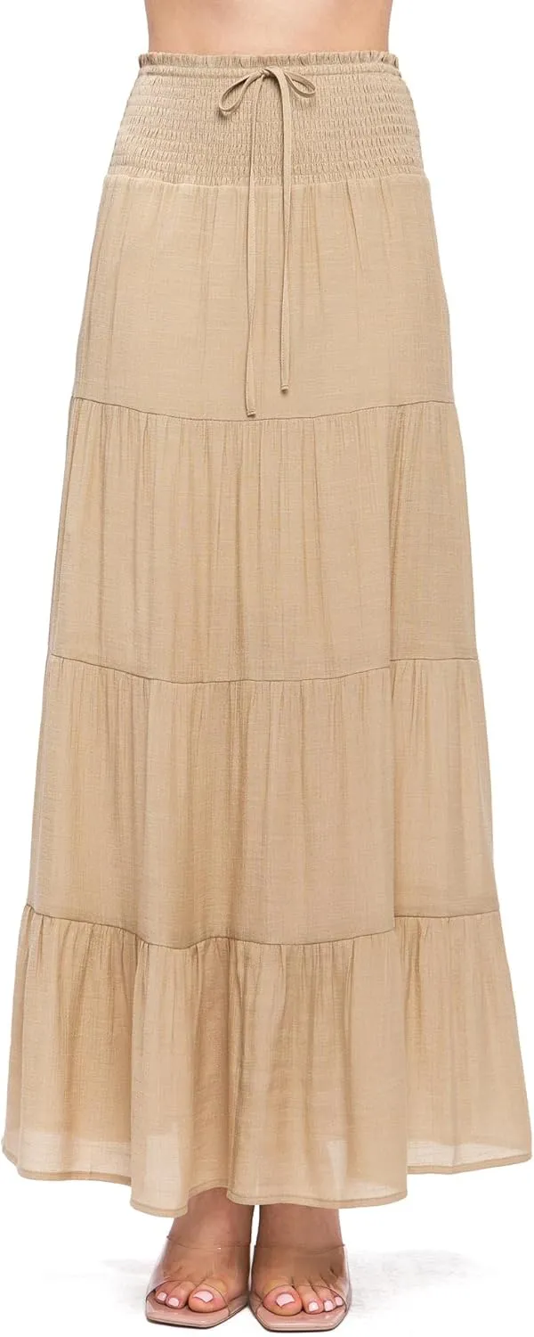 Love Tree Women's Juniors Classic Shirred Boho Midi Skirt