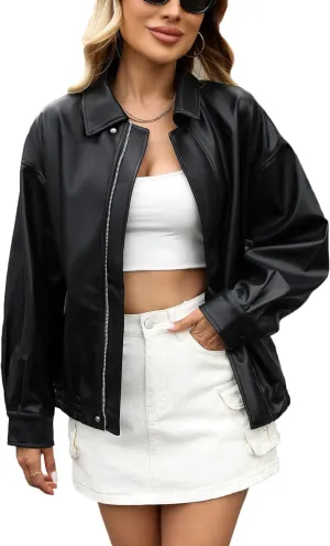 LY VAREY LIN Women Faux Leather Jacket Lapel Collar Motorcycle Zip Up Long Sleeve Motor Biker Short Coat Jacket