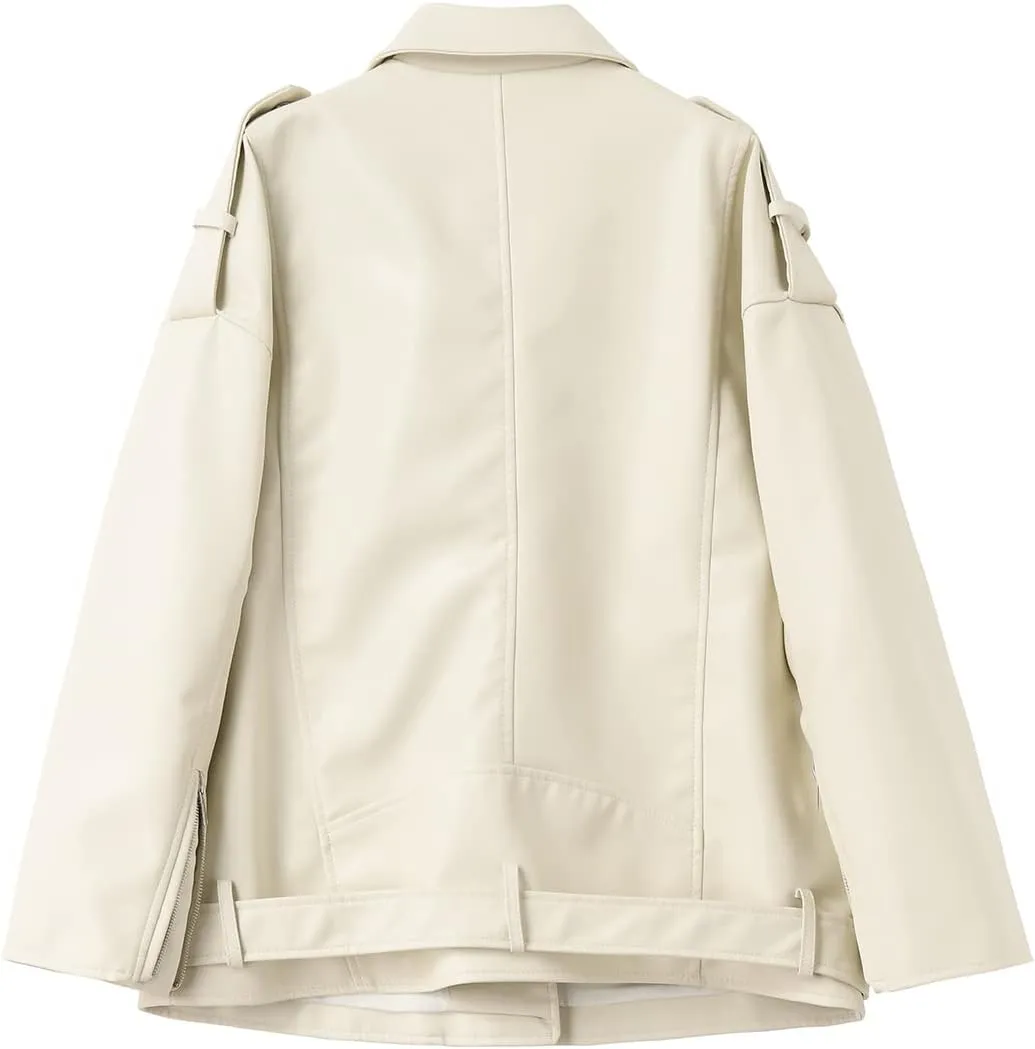 LY VAREY LIN Women Faux Leather Jacket Lapel Collar Motorcycle Zip Up Long Sleeve Motor Biker Short Coat Jacket