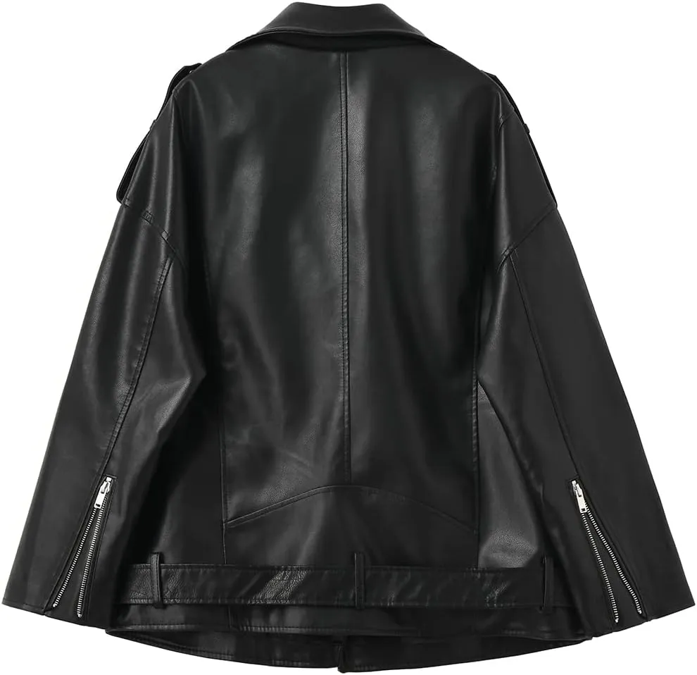 LY VAREY LIN Women Faux Leather Jacket Lapel Collar Motorcycle Zip Up Long Sleeve Motor Biker Short Coat Jacket
