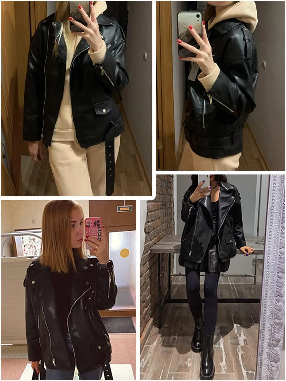 LY VAREY LIN Women Faux Leather Jacket Lapel Collar Motorcycle Zip Up Long Sleeve Motor Biker Short Coat Jacket