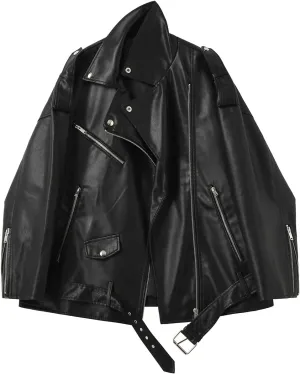 LY VAREY LIN Women Faux Leather Jacket Lapel Collar Motorcycle Zip Up Long Sleeve Motor Biker Short Coat Jacket