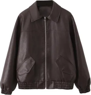 LY VAREY LIN Womens Faux Leather Jacket Long Sleeve Zip Up Casual Bomber Motorcycle Biker Coat