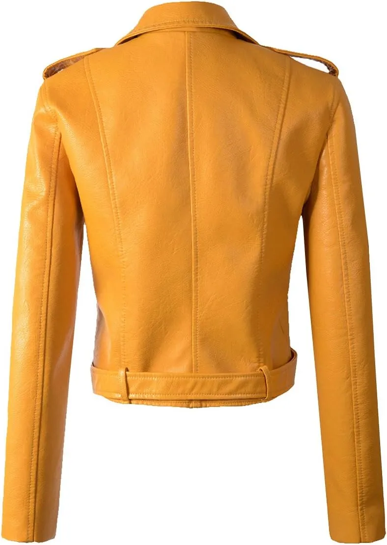 LY VAREY LIN Women's Faux Leather Motorcycle Jacket PU Slim Short Biker Coat