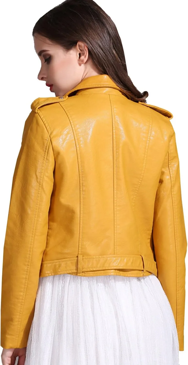LY VAREY LIN Women's Faux Leather Motorcycle Jacket PU Slim Short Biker Coat