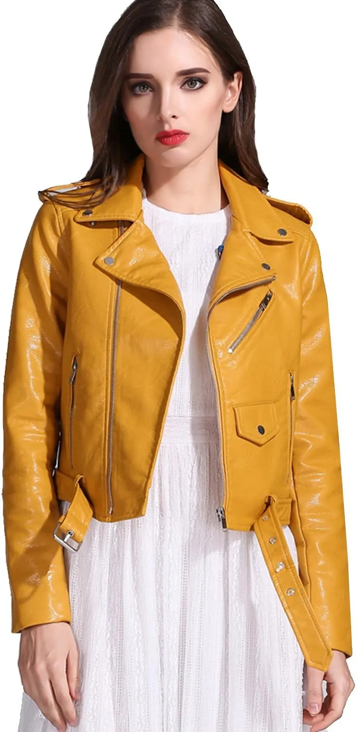 LY VAREY LIN Women's Faux Leather Motorcycle Jacket PU Slim Short Biker Coat