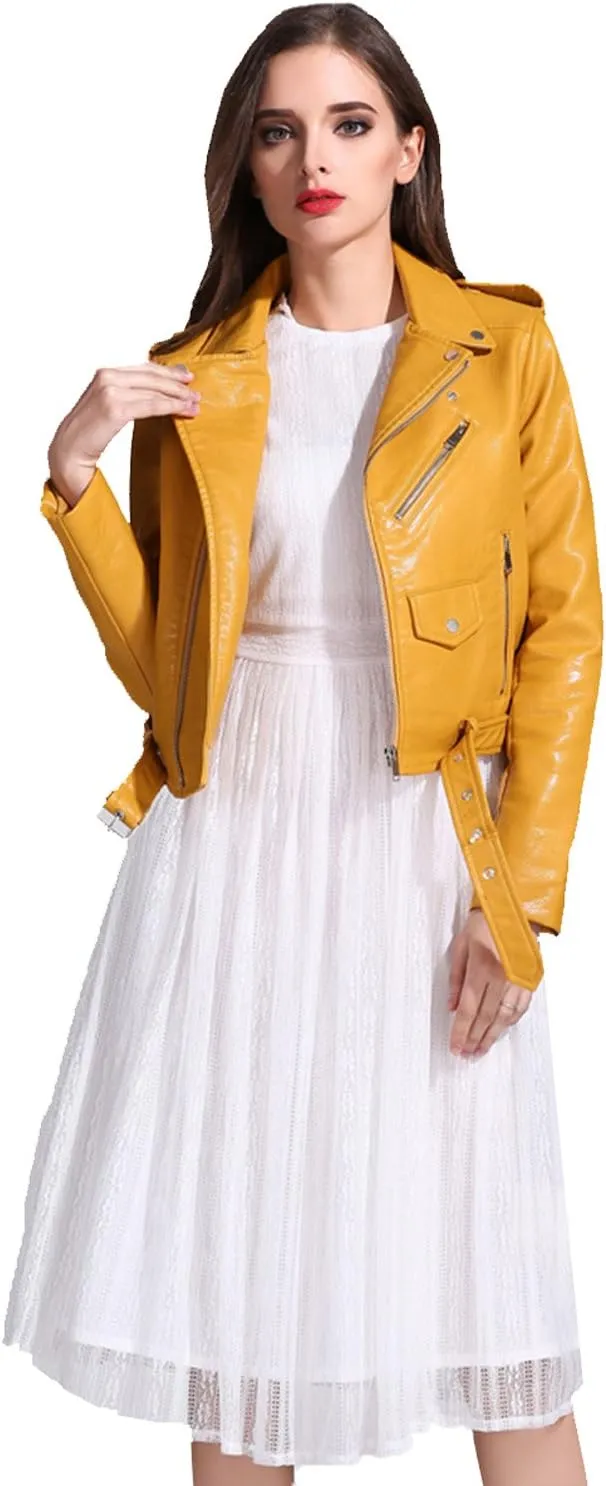 LY VAREY LIN Women's Faux Leather Motorcycle Jacket PU Slim Short Biker Coat