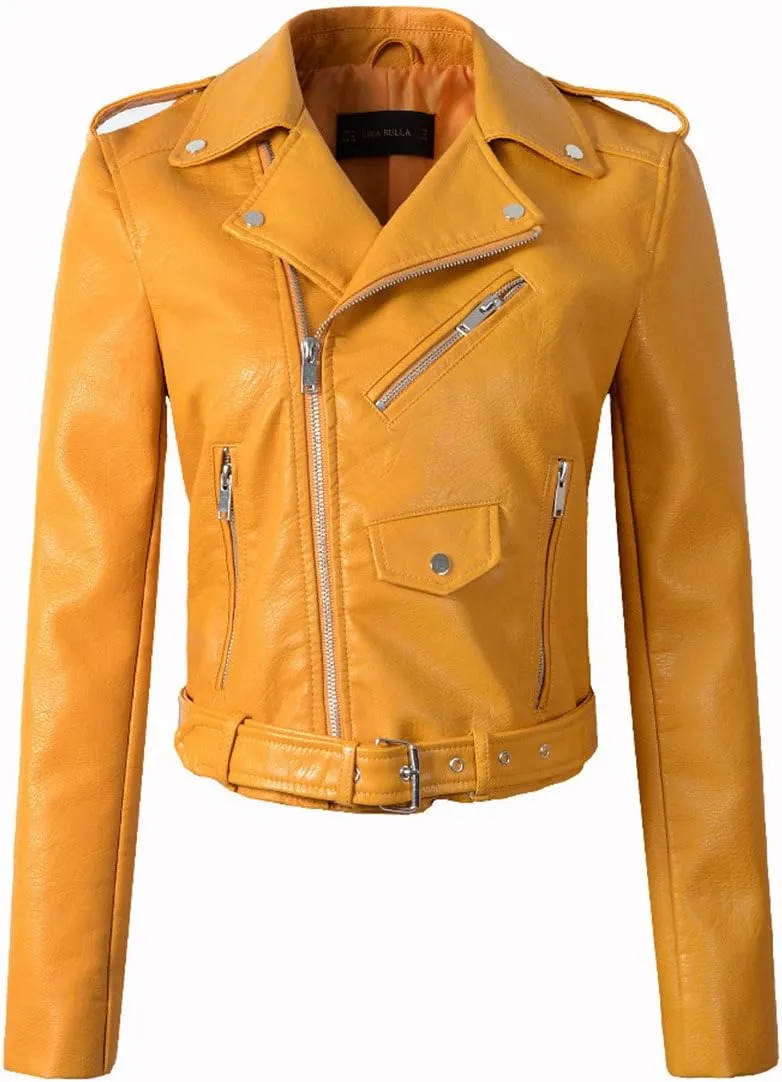 LY VAREY LIN Women's Faux Leather Motorcycle Jacket PU Slim Short Biker Coat