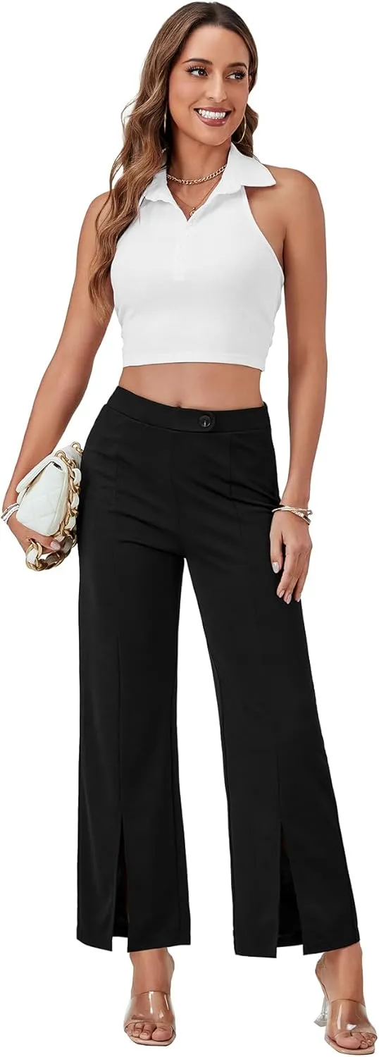 LYANER Women's Bootcut Slit Front Stretchy Straight Trousers Casual Slacks Dress Pants