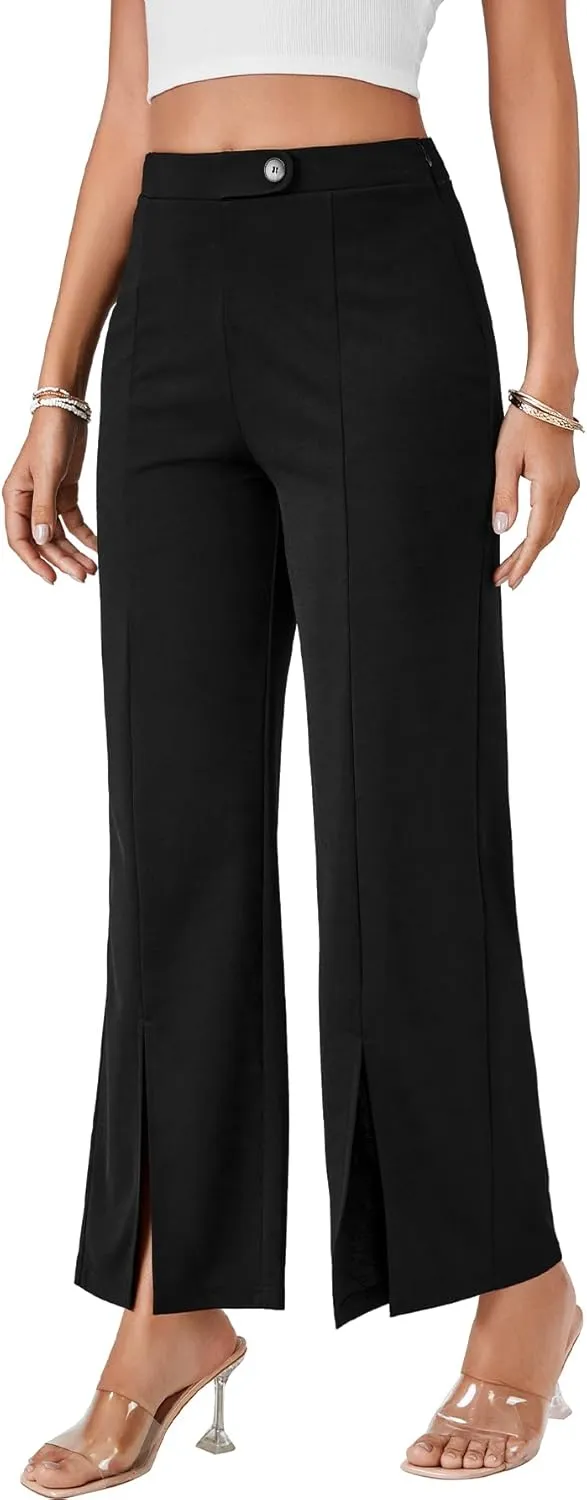 LYANER Women's Bootcut Slit Front Stretchy Straight Trousers Casual Slacks Dress Pants