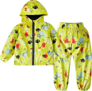 LZH Toddler Boys Girls Raincoat Waterproof Hooded Jacket Dinosaur Coat Pants Suit