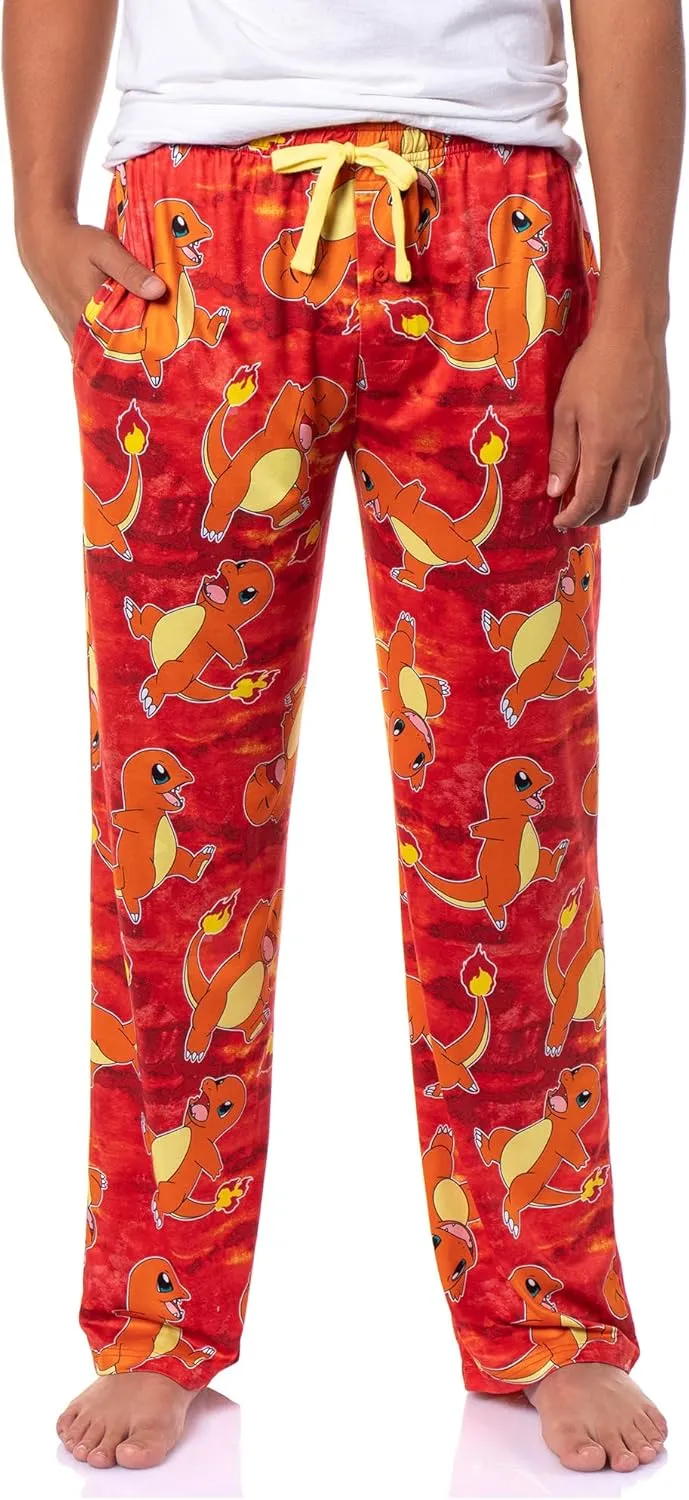 Mad Engine Pokemon Mens Charmander AOP Fire Type Adjustable Waistband Sleep Bottom Lounge Pajama Pants