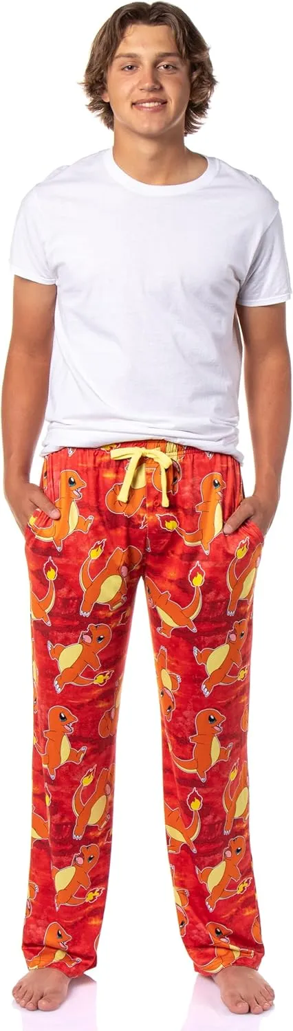 Mad Engine Pokemon Mens Charmander AOP Fire Type Adjustable Waistband Sleep Bottom Lounge Pajama Pants