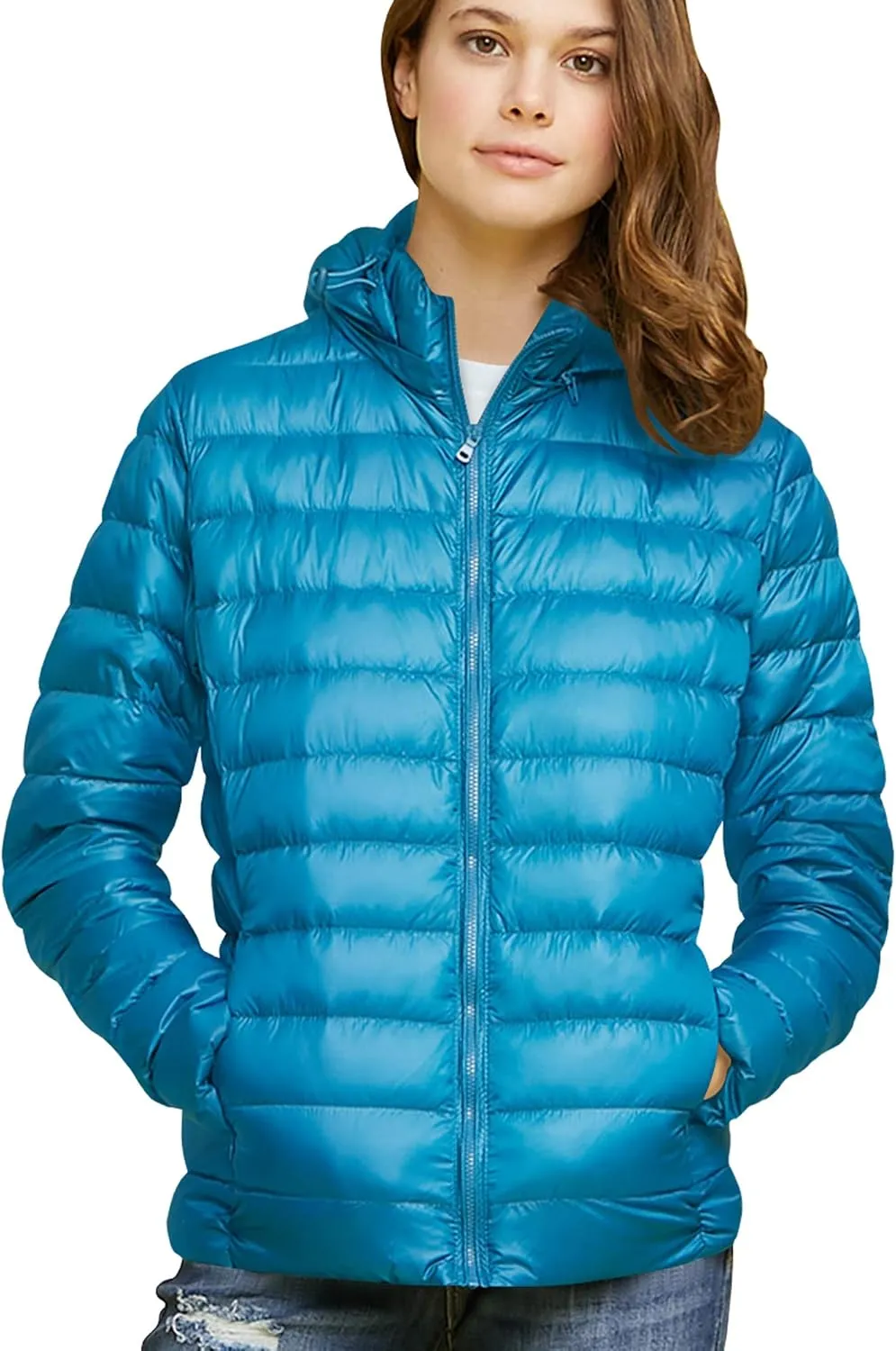Made By Johnny Women's Ultra Light Weight Packable Down Jacket with Removable Hoodie