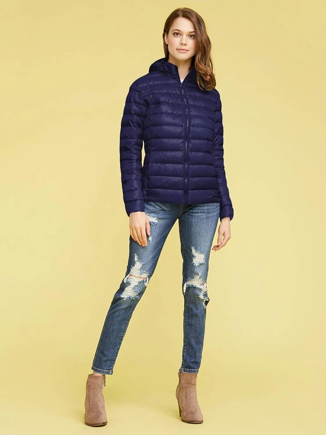 Made By Johnny Women's Ultra Light Weight Packable Down Jacket with Removable Hoodie