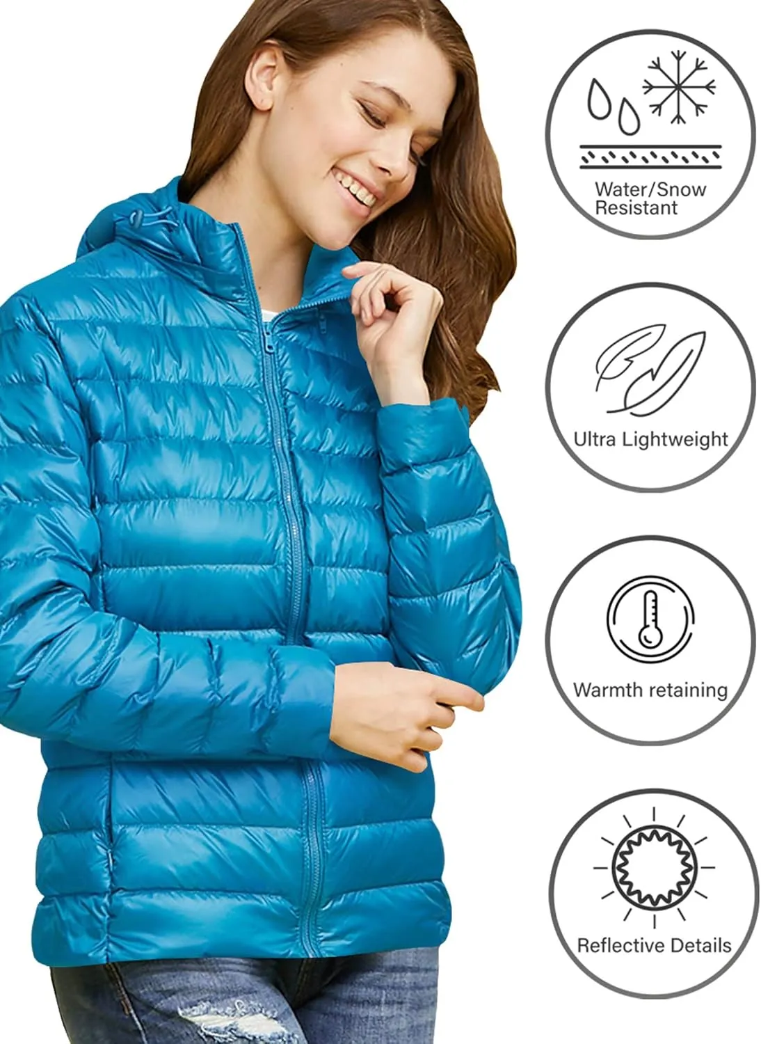 Made By Johnny Women's Ultra Light Weight Packable Down Jacket with Removable Hoodie