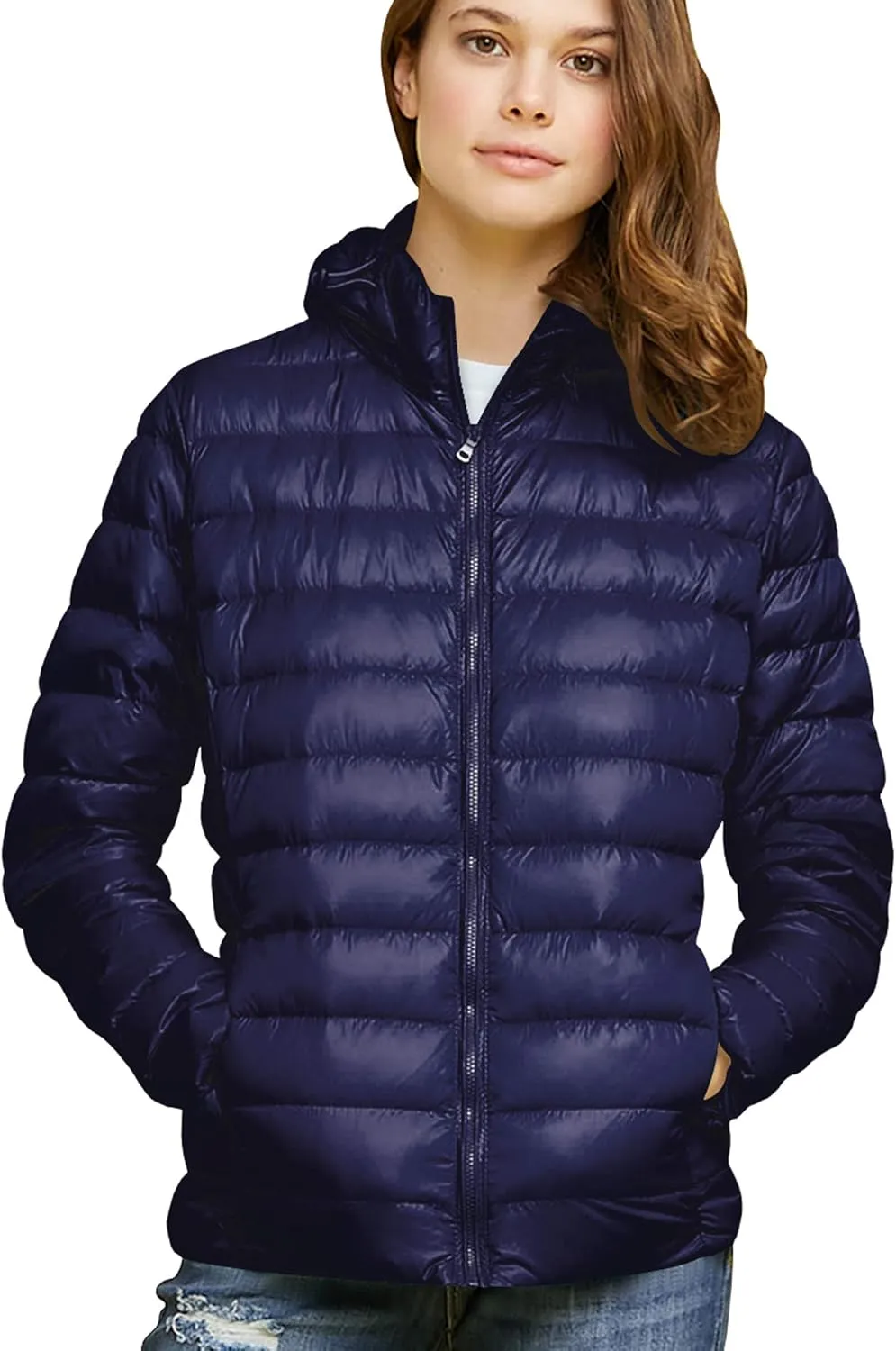 Made By Johnny Women's Ultra Light Weight Packable Down Jacket with Removable Hoodie