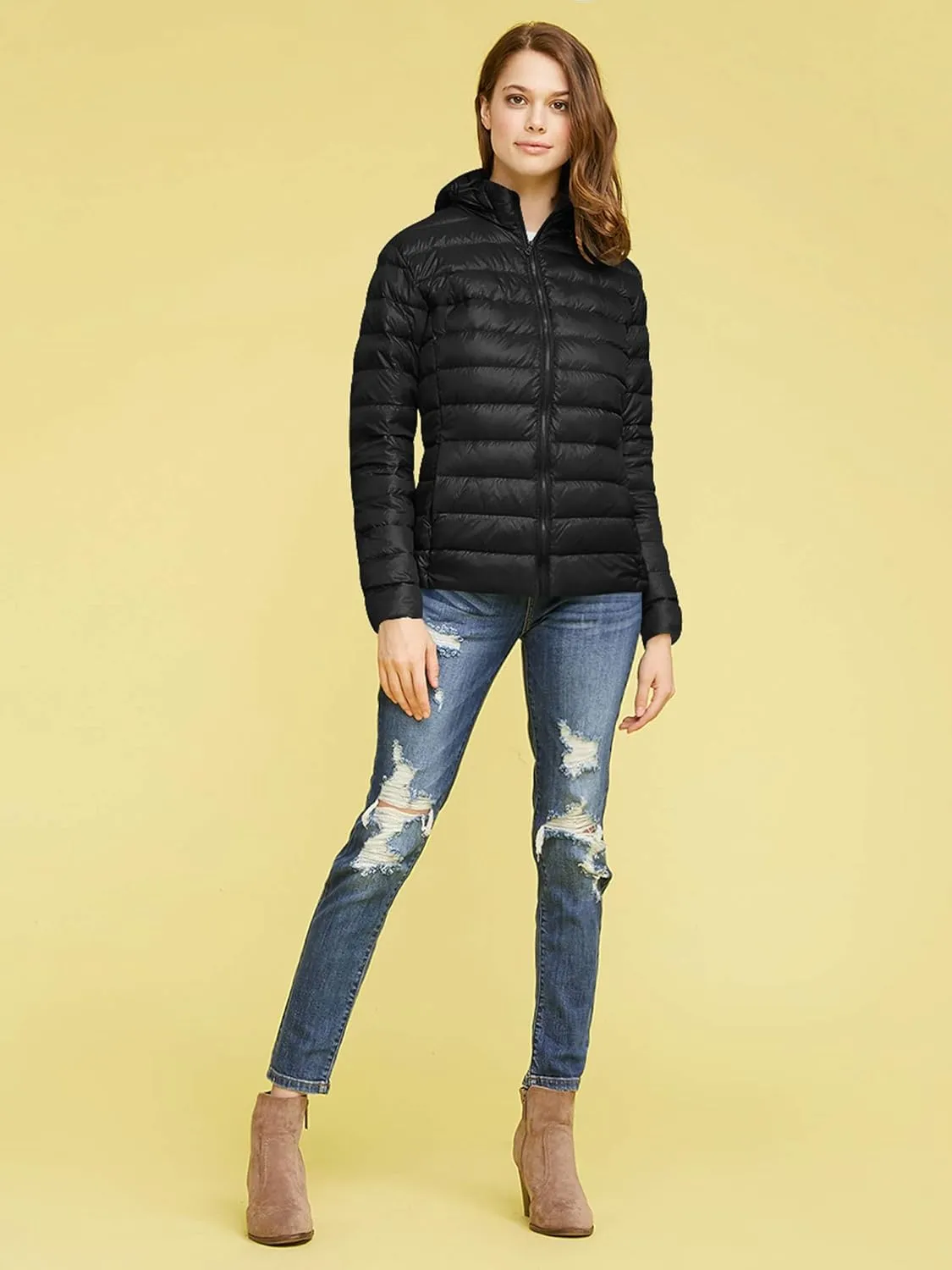 Made By Johnny Women's Ultra Light Weight Packable Down Jacket with Removable Hoodie