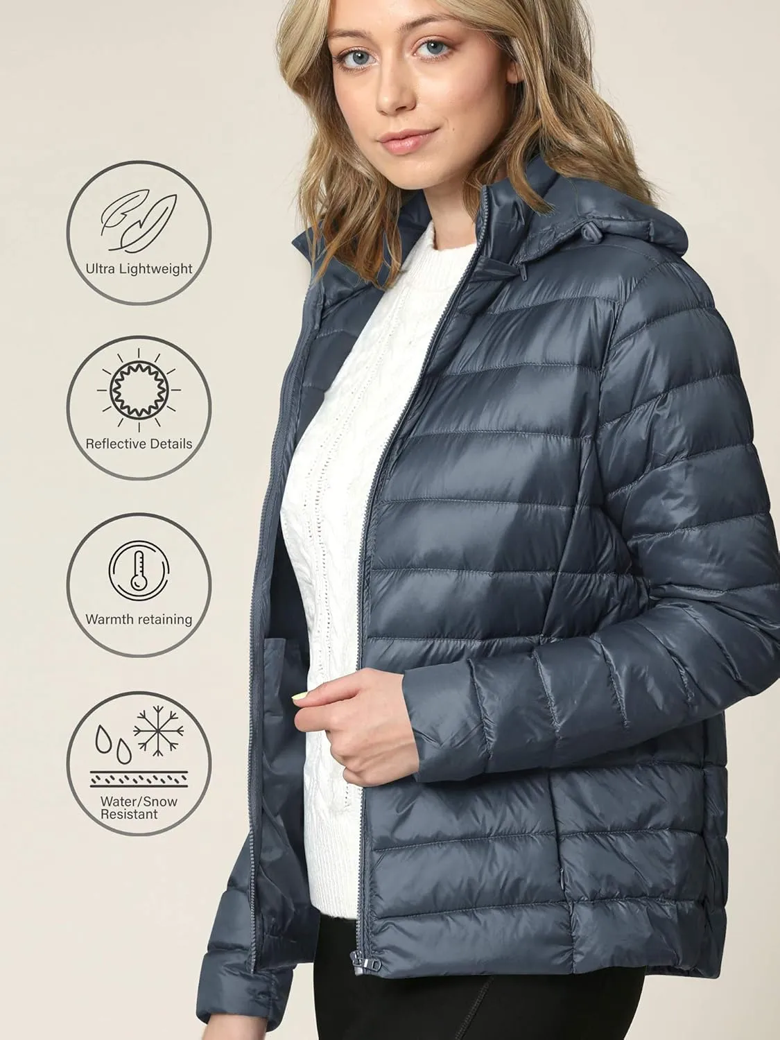 Made By Johnny Women's Ultra Light Weight Packable Down Jacket with Removable Hoodie