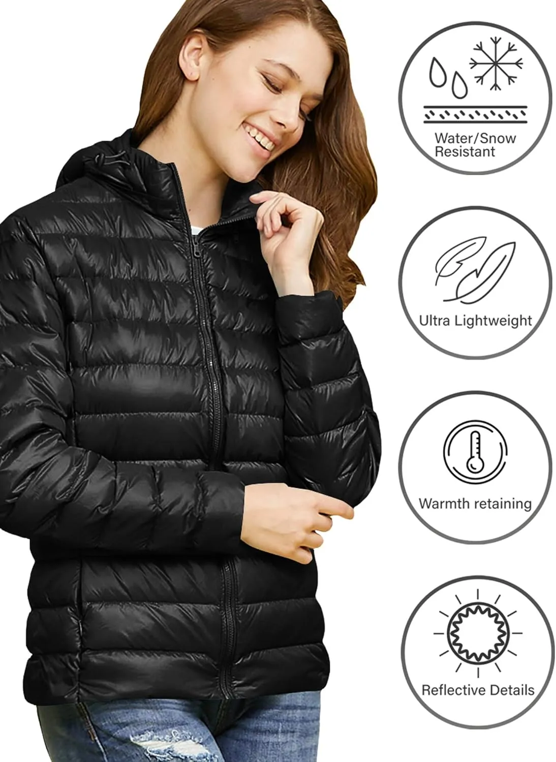 Made By Johnny Women's Ultra Light Weight Packable Down Jacket with Removable Hoodie
