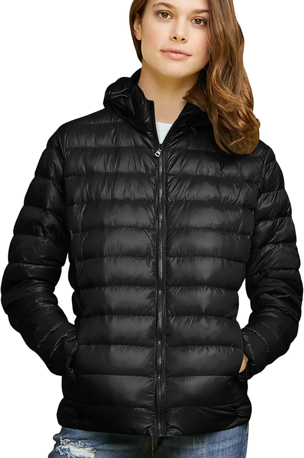 Made By Johnny Women's Ultra Light Weight Packable Down Jacket with Removable Hoodie