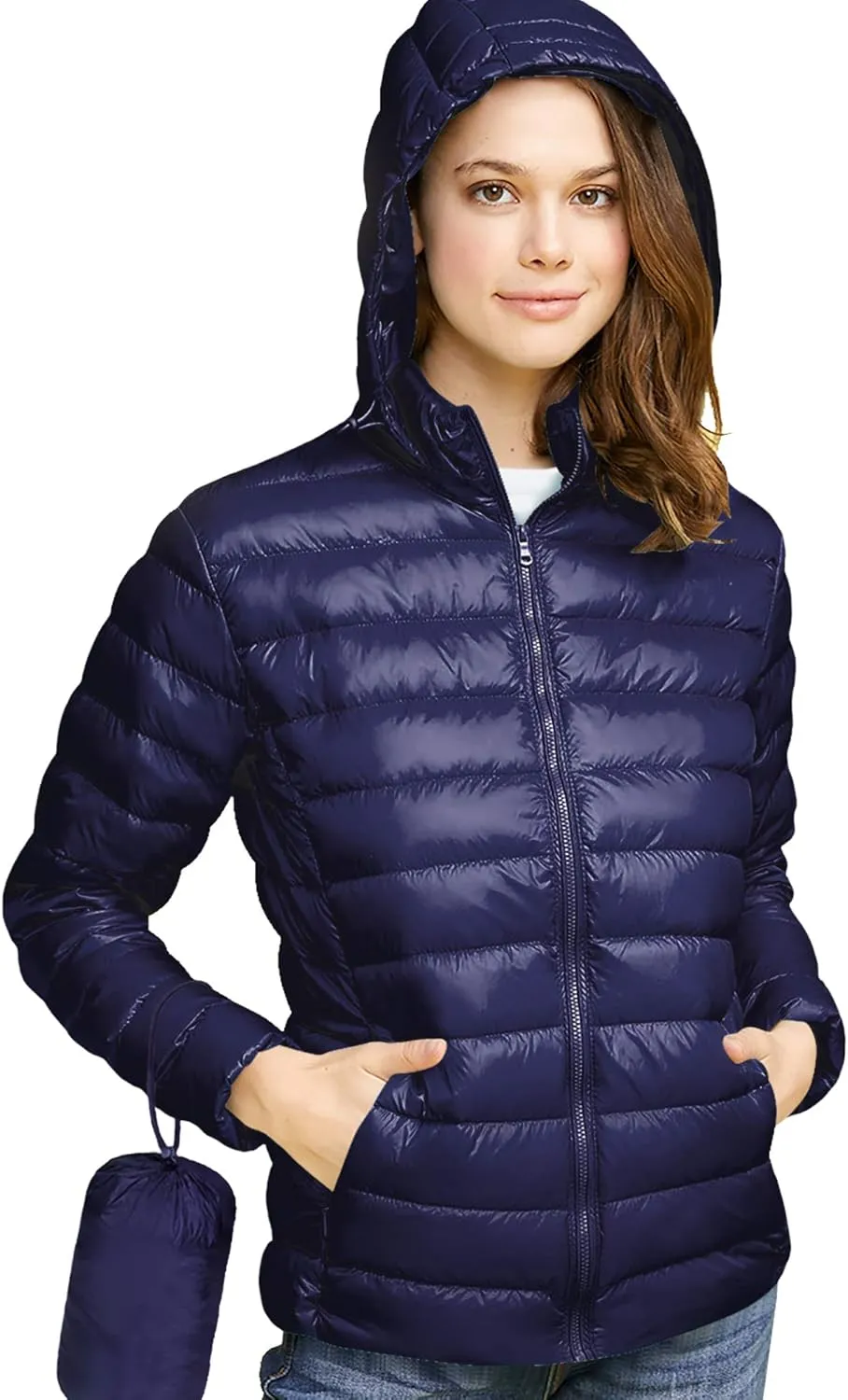 Made By Johnny Women's Ultra Light Weight Packable Down Jacket with Removable Hoodie