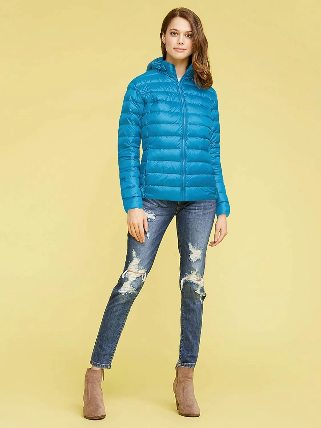 Made By Johnny Women's Ultra Light Weight Packable Down Jacket with Removable Hoodie
