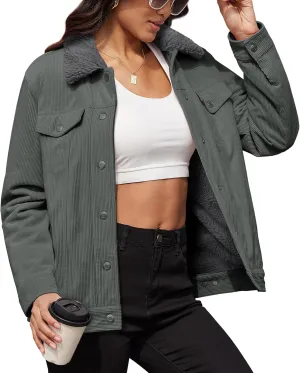 MAGCOMSEN Women's Corduroy Jacket Sherpa Fleece Lined Warm Winter Coat Button Down Casual Jacket with Pockets