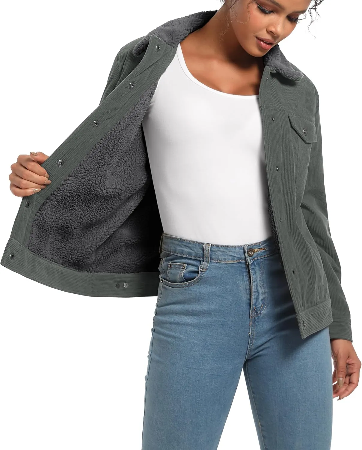 MAGCOMSEN Women's Corduroy Jacket Sherpa Fleece Lined Warm Winter Coat Button Down Casual Jacket with Pockets