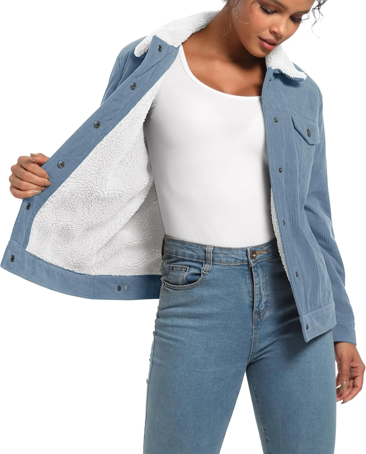 MAGCOMSEN Women's Corduroy Jacket Sherpa Fleece Lined Warm Winter Coat Button Down Casual Jacket with Pockets