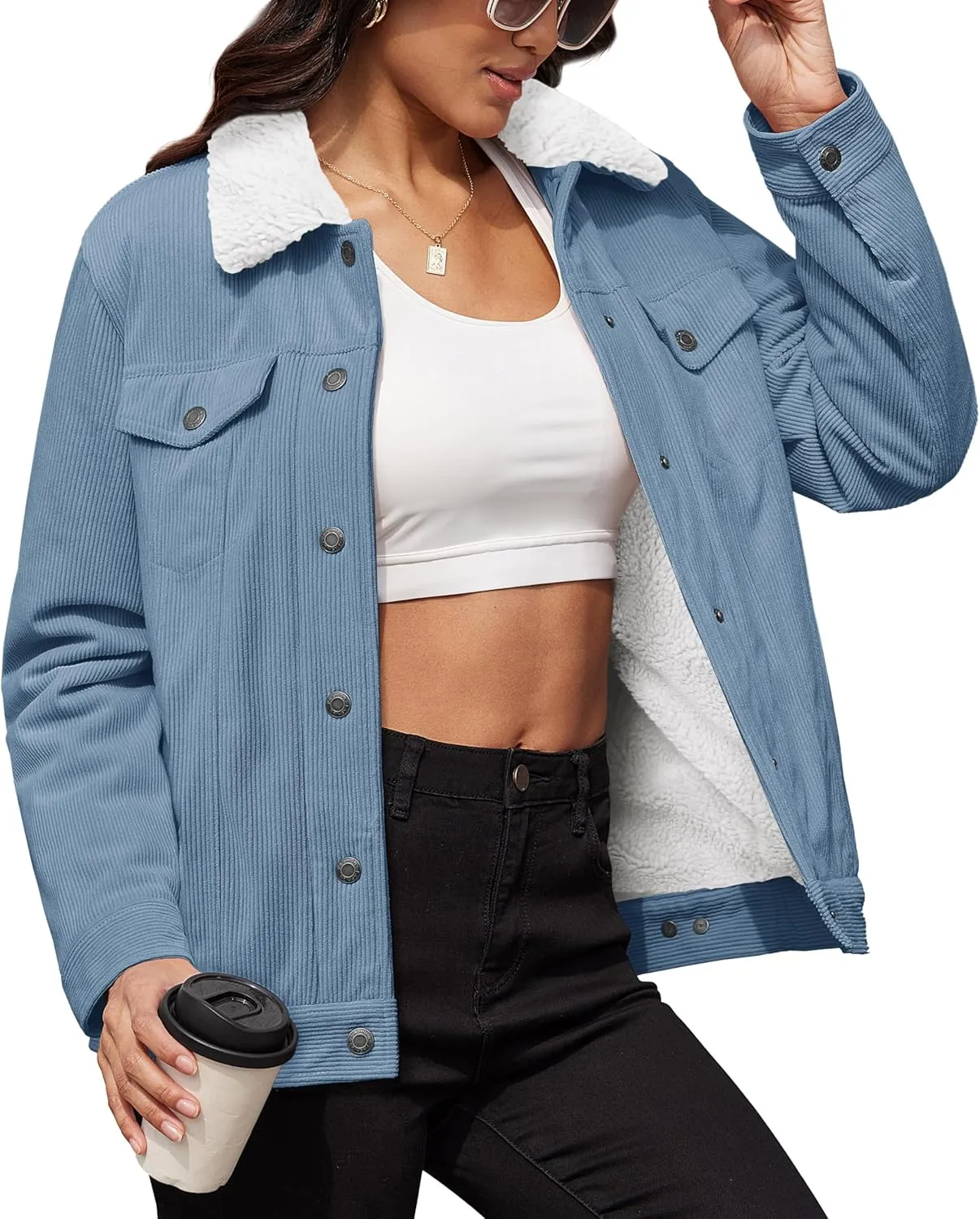 MAGCOMSEN Women's Corduroy Jacket Sherpa Fleece Lined Warm Winter Coat Button Down Casual Jacket with Pockets