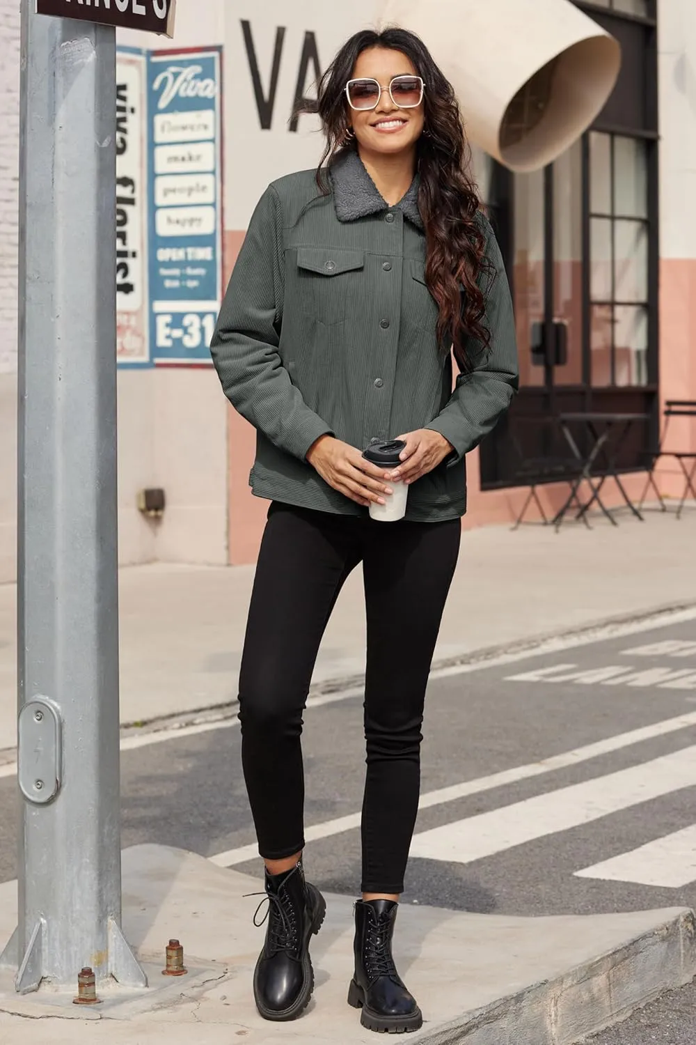 MAGCOMSEN Women's Corduroy Jacket Sherpa Fleece Lined Warm Winter Coat Button Down Casual Jacket with Pockets