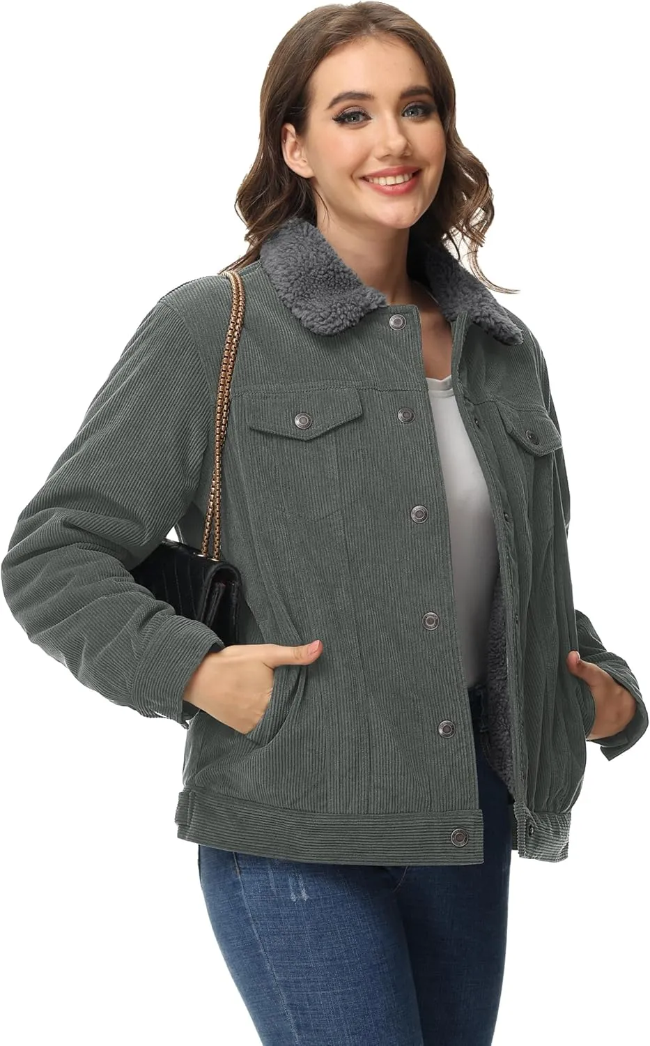 MAGCOMSEN Women's Corduroy Jacket Sherpa Fleece Lined Warm Winter Coat Button Down Casual Jacket with Pockets