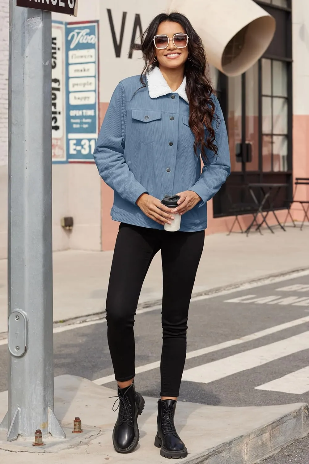 MAGCOMSEN Women's Corduroy Jacket Sherpa Fleece Lined Warm Winter Coat Button Down Casual Jacket with Pockets