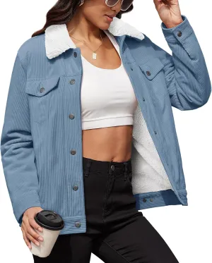 MAGCOMSEN Women's Corduroy Jacket Sherpa Fleece Lined Warm Winter Coat Button Down Casual Jacket with Pockets