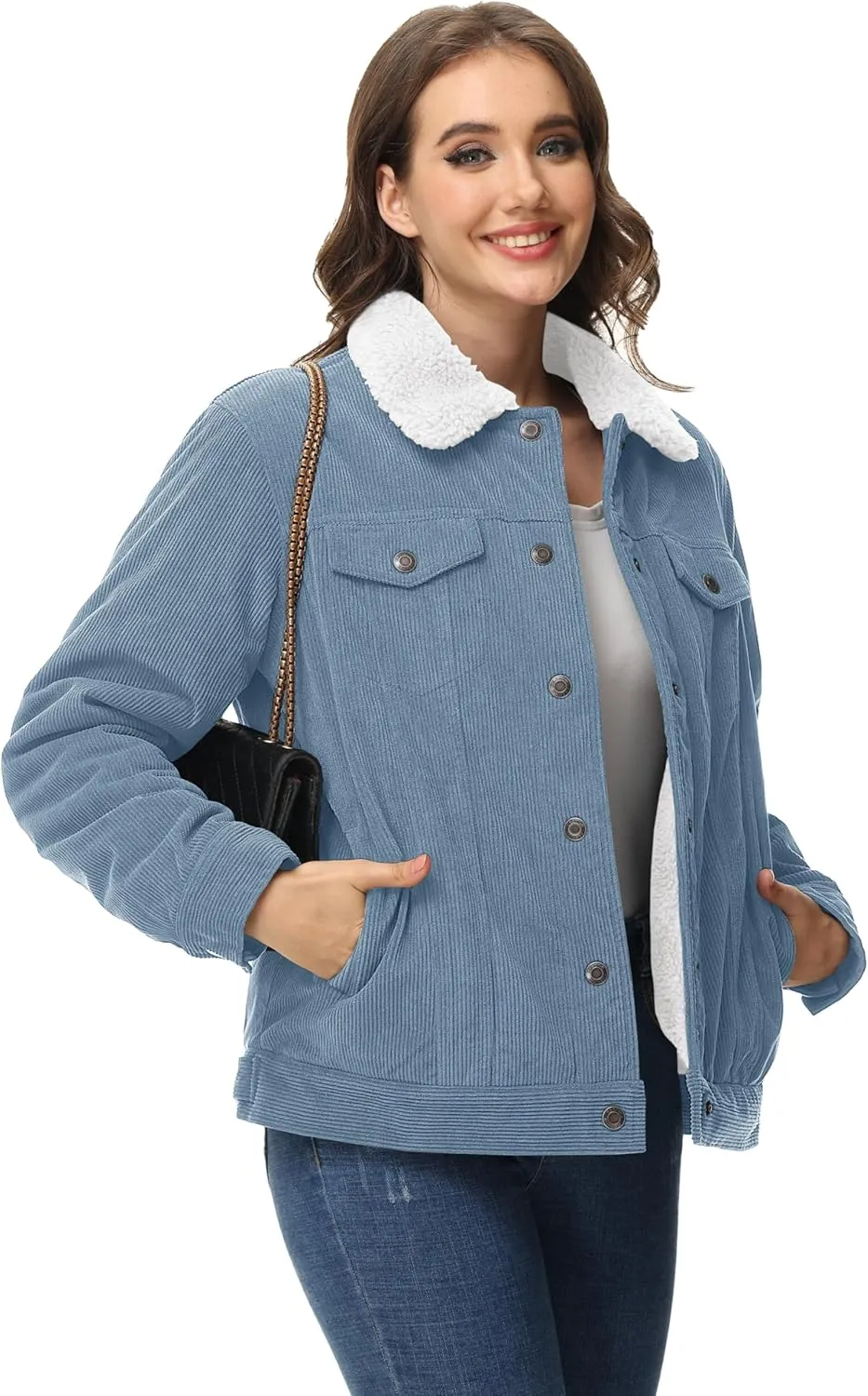 MAGCOMSEN Women's Corduroy Jacket Sherpa Fleece Lined Warm Winter Coat Button Down Casual Jacket with Pockets