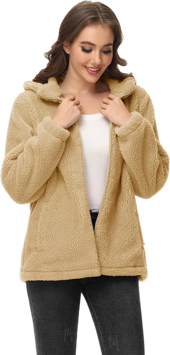 MAGCOMSEN Women's Sherpa Jacket Zip Up Hoodie Fuzzy Teddy Coat with Zipper Pockets Lightweight Fleece Lined Warm Winter Coat