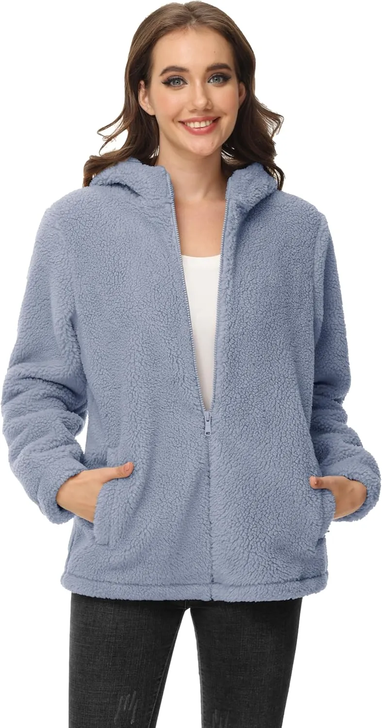 MAGCOMSEN Women's Sherpa Jacket Zip Up Hoodie Fuzzy Teddy Coat with Zipper Pockets Lightweight Fleece Lined Warm Winter Coat