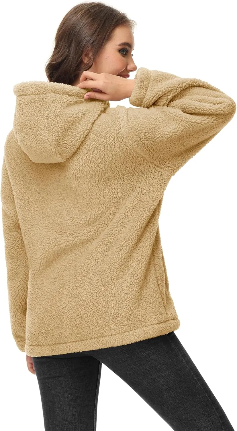 MAGCOMSEN Women's Sherpa Jacket Zip Up Hoodie Fuzzy Teddy Coat with Zipper Pockets Lightweight Fleece Lined Warm Winter Coat