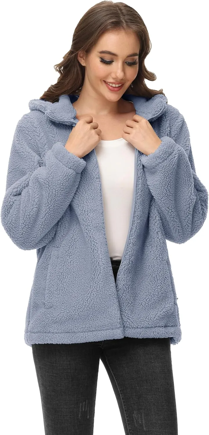 MAGCOMSEN Women's Sherpa Jacket Zip Up Hoodie Fuzzy Teddy Coat with Zipper Pockets Lightweight Fleece Lined Warm Winter Coat