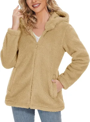 MAGCOMSEN Women's Sherpa Jacket Zip Up Hoodie Fuzzy Teddy Coat with Zipper Pockets Lightweight Fleece Lined Warm Winter Coat