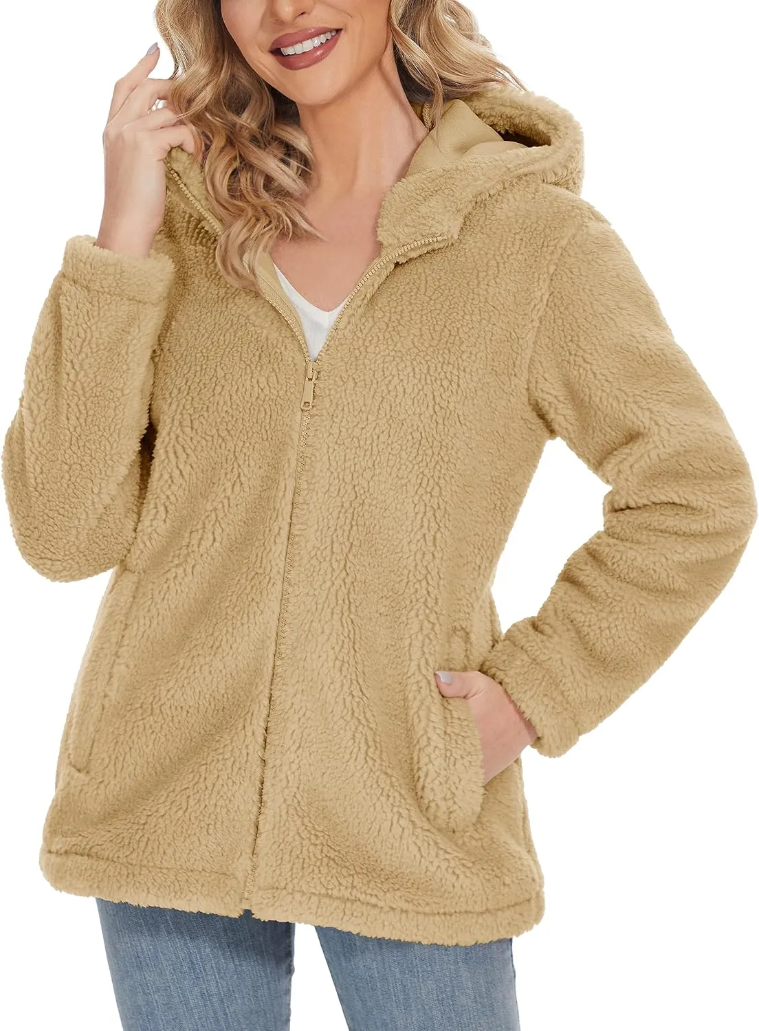 MAGCOMSEN Women's Sherpa Jacket Zip Up Hoodie Fuzzy Teddy Coat with Zipper Pockets Lightweight Fleece Lined Warm Winter Coat