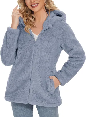 MAGCOMSEN Women's Sherpa Jacket Zip Up Hoodie Fuzzy Teddy Coat with Zipper Pockets Lightweight Fleece Lined Warm Winter Coat