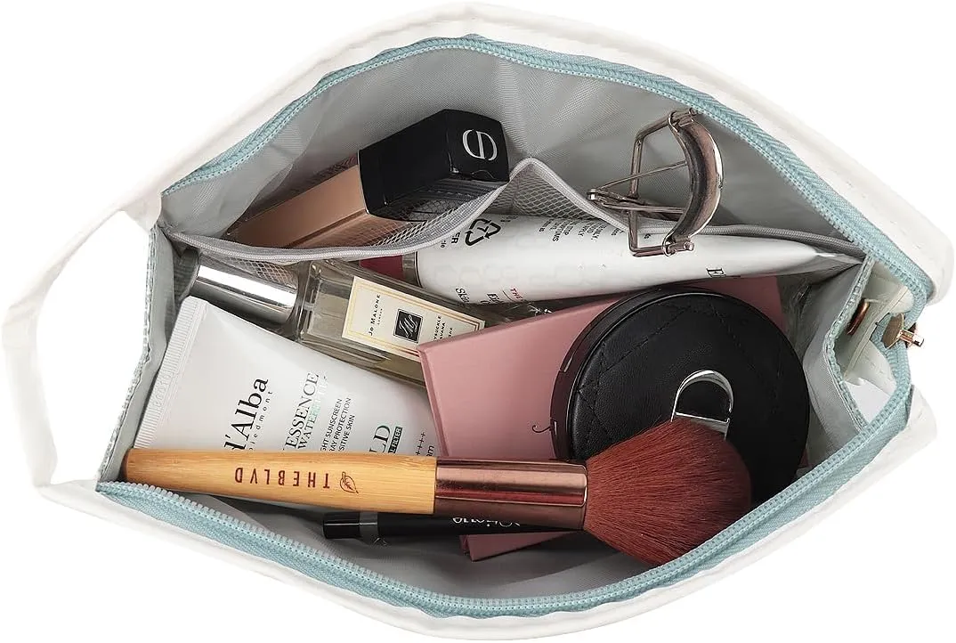 Makeup Bag Travel Toiletry Organizer Pouch for Women, Cosmetic Case Compartments, Cute Tweed Fabric Travel Accessories Storage Clutch (Makeup Bag - Tweed Light Blue)