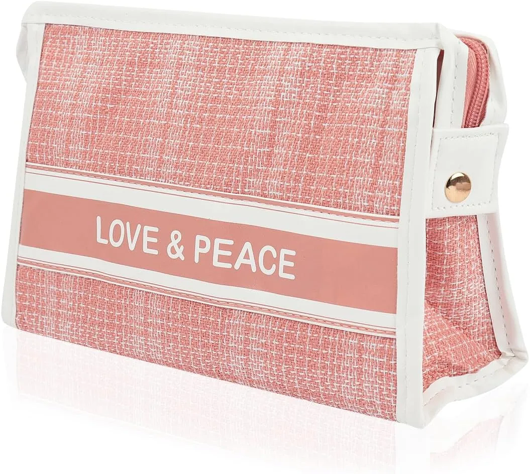 Makeup Bag Travel Toiletry Organizer Pouch for Women, Cosmetic Case Compartments, Cute Tweed Fabric Travel Accessories Storage Clutch (Makeup Bag - Tweed Pink)