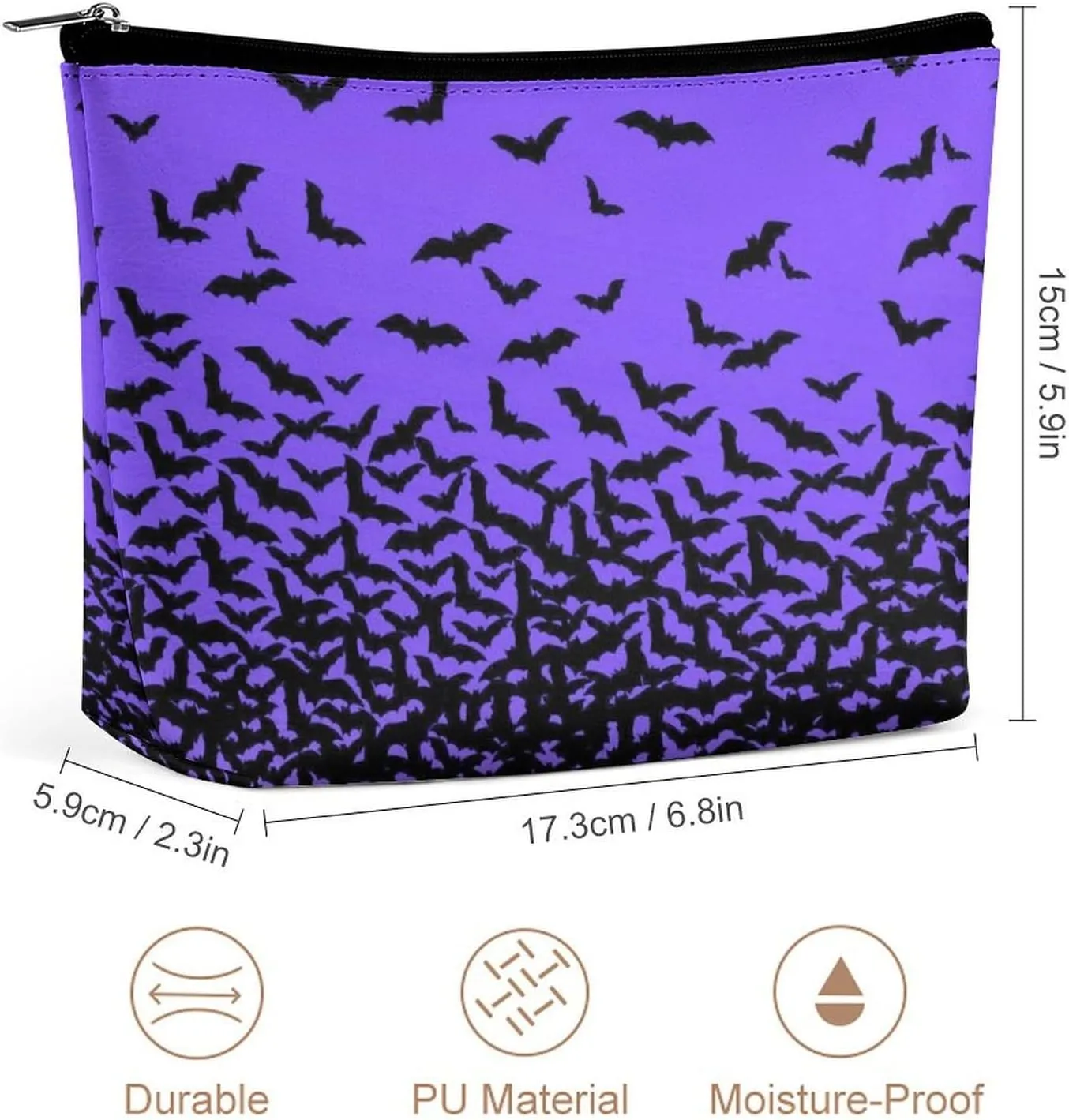 Makeup Bags Cosmetic Pouch Travel Zipper Cosmetic Organizer 3D Printed Toiletry Bag Printing Pencil Bag for Women Supplies Gifts (Happy Halloween Bat Black Purple)